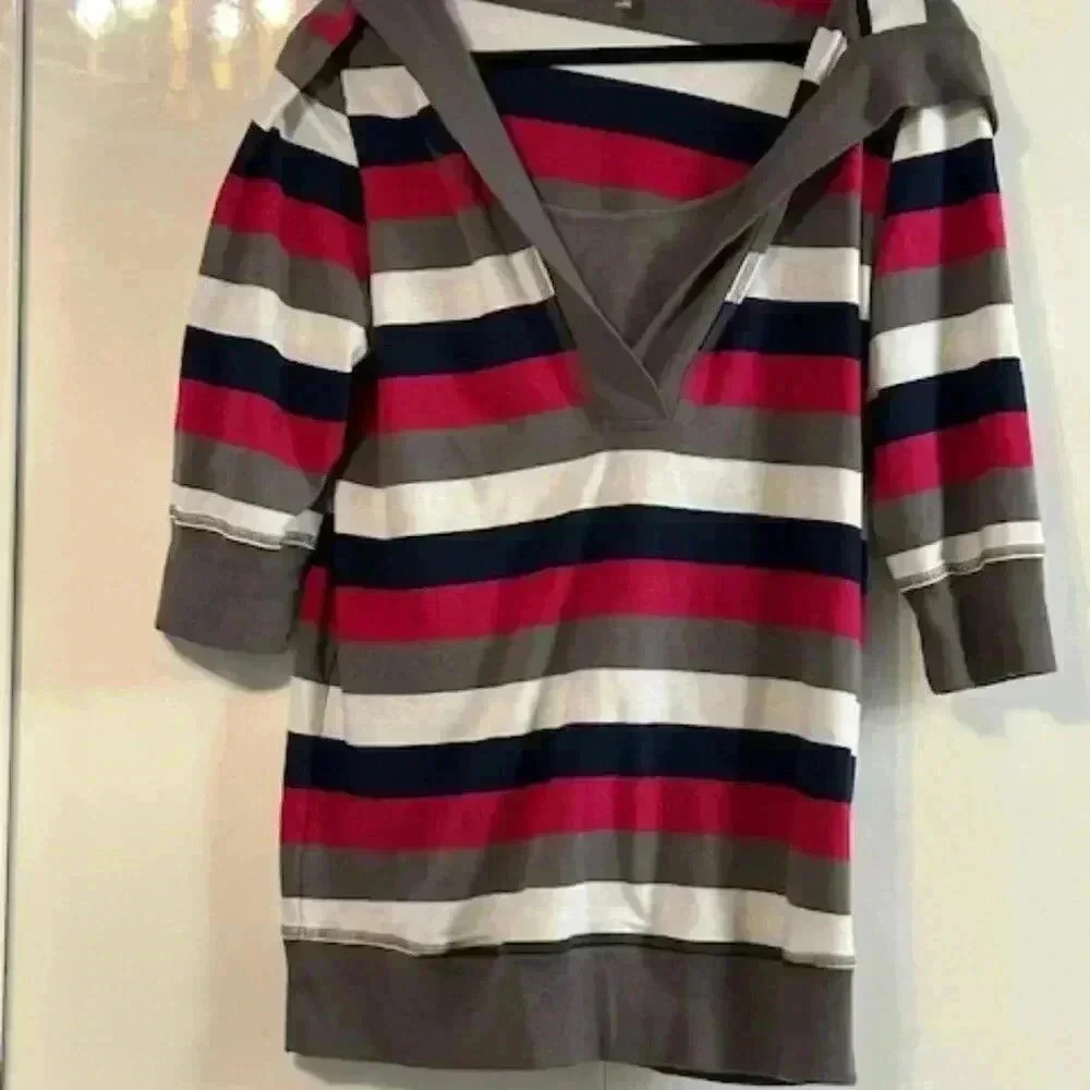 Thyme Maternity 3/4 sleeves Striped Hoodie Sweatshirt